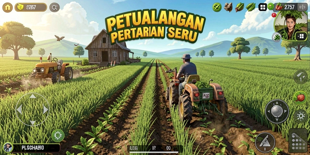Tangkapan layar utama dari gameplay 2757 menampilkan kebun yang subur.