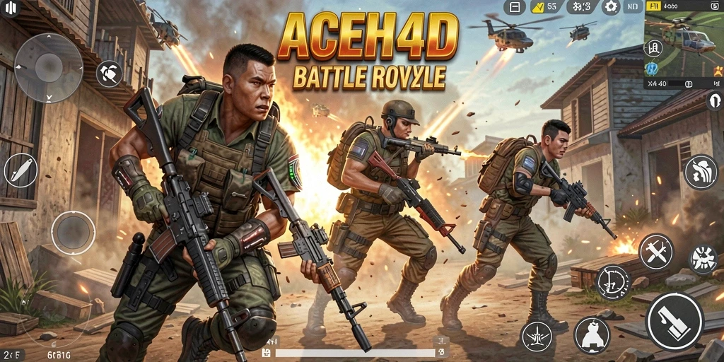 Tampilan utama gameplay ACEH4D, menunjukkan aksi Battle Royale yang mendebarkan.