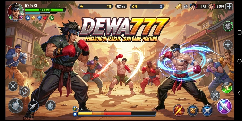 Tangkapan layar utama DEWA777 menampilkan pertarungan epik di arena.