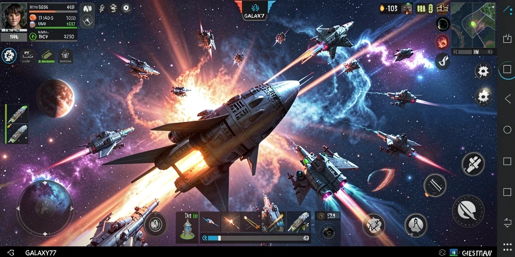 Screenshot gameplay GALAXY77 memperlihatkan momen pertempuran mendebarkan di ruang angkasa.