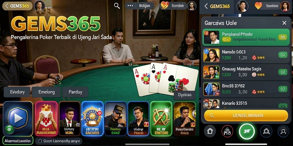 Screenshot GEMS365 menampilkan gameplay poker yang seru dan interaktif.