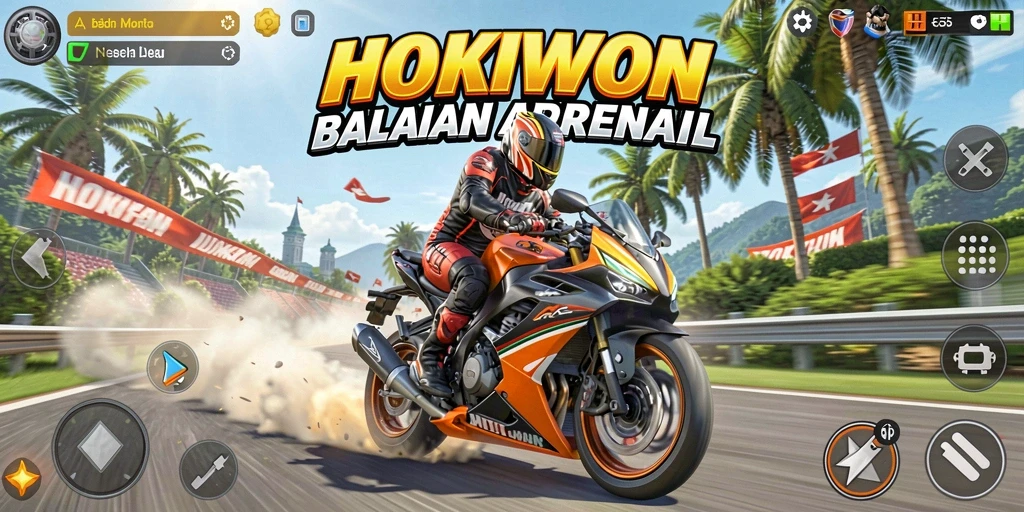 Tangkapan layar utama dari gameplay seru HOKIWON menunjukkan balapan motor yang mendebarkan.