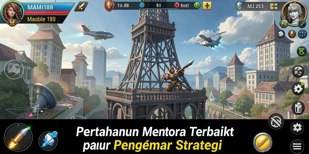 Tampilan gameplay MAMI188 yang menegangkan dalam pertarungan Tower Defense.