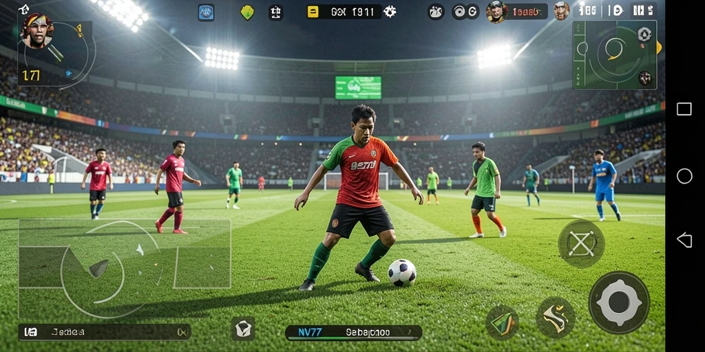 Tangkapan layar NV77 dengan aksi seru dalam permainan sepak bola.