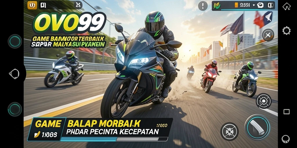 Screenshot gameplay OVO99 menampilkan aksi balap motor yang mendebarkan.