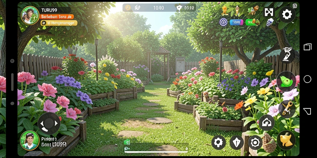 Screenshot TURU99 menampilkan gameplay seru dengan ladang dan tanaman yang berwarna-warni.