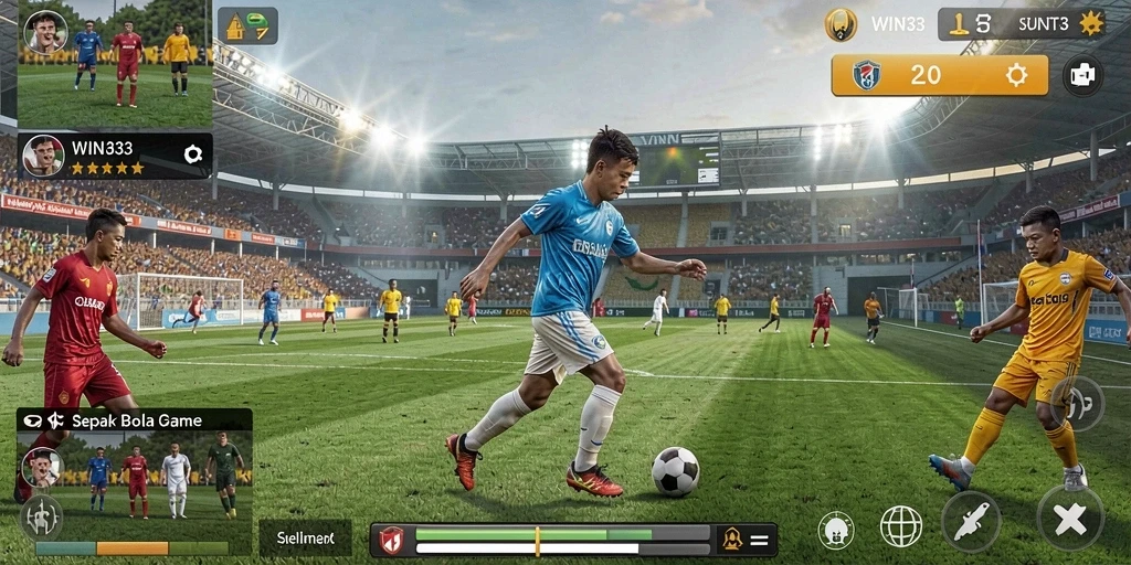 Gameplay mendebarkan dalam pertandingan sepak bola dengan grafis menawan.